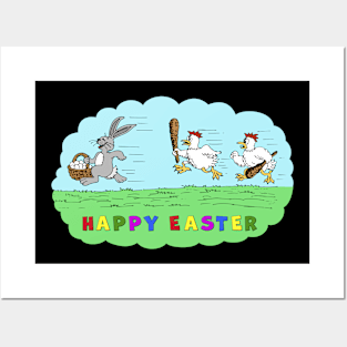 Happy Easter Bunny and Chicken Cartoon T-Shirt, Fun Easter Egg Hunt Tee, Spring Festival Family Apparel, Kids and Adults Posters and Art